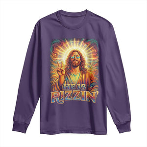 Funny Christian Easter He Is Rizzin Long Sleeve Shirt Trendy Jesus Humor with Sunglasses Faith Based Meme Gift TS02 Purple Print Your Wear