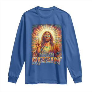 Funny Christian Easter He Is Rizzin Long Sleeve Shirt Trendy Jesus Humor with Sunglasses Faith Based Meme Gift TS02 Royal Blue Print Your Wear