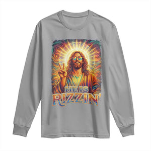Funny Christian Easter He Is Rizzin Long Sleeve Shirt Trendy Jesus Humor with Sunglasses Faith Based Meme Gift TS02 Sport Gray Print Your Wear