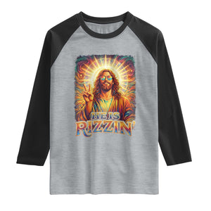 Funny Christian Easter He Is Rizzin Raglan Shirt Trendy Jesus Humor with Sunglasses Faith Based Meme Gift TS02 Heather Gray Black Print Your Wear
