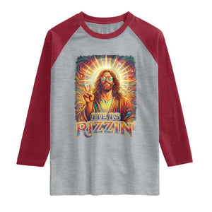 Funny Christian Easter He Is Rizzin Raglan Shirt Trendy Jesus Humor with Sunglasses Faith Based Meme Gift TS02 Heather Gray Heather Red Print Your Wear