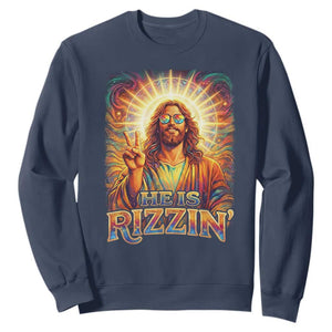Funny Christian Easter He Is Rizzin Sweatshirt Trendy Jesus Humor with Sunglasses Faith Based Meme Gift TS02 Navy Print Your Wear