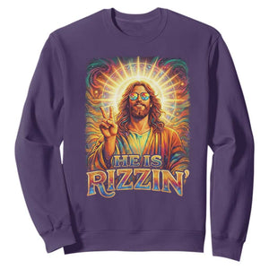 Funny Christian Easter He Is Rizzin Sweatshirt Trendy Jesus Humor with Sunglasses Faith Based Meme Gift TS02 Purple Print Your Wear