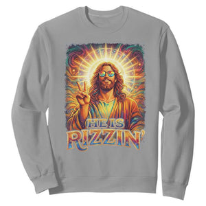 Funny Christian Easter He Is Rizzin Sweatshirt Trendy Jesus Humor with Sunglasses Faith Based Meme Gift TS02 Sport Gray Print Your Wear