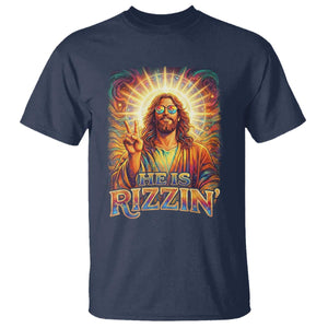 Funny Christian Easter He Is Rizzin T Shirt Trendy Jesus Humor with Sunglasses Faith Based Meme Gift TS02 Navy Print Your Wear