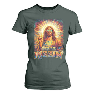 Funny Christian Easter He Is Rizzin T Shirt For Women Trendy Jesus Humor with Sunglasses Faith Based Meme Gift TS02 Dark Forest Green Print Your Wear