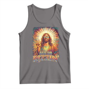Funny Christian Easter He Is Rizzin Tank Top Trendy Jesus Humor with Sunglasses Faith Based Meme Gift TS02 Deep Heather Print Your Wear
