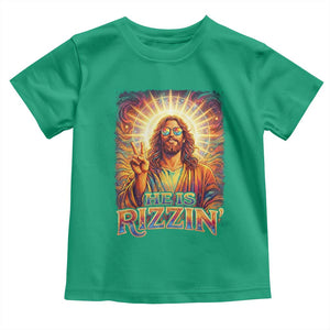 Funny Christian Easter He Is Rizzin Toddler T Shirt Trendy Jesus Humor with Sunglasses Faith Based Meme Gift TS02 Irish Green Print Your Wear