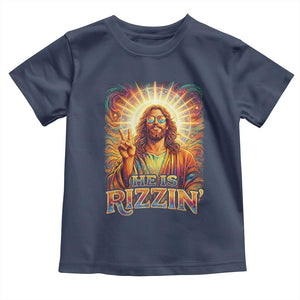 Funny Christian Easter He Is Rizzin Toddler T Shirt Trendy Jesus Humor with Sunglasses Faith Based Meme Gift TS02 Navy Print Your Wear