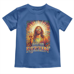 Funny Christian Easter He Is Rizzin Toddler T Shirt Trendy Jesus Humor with Sunglasses Faith Based Meme Gift TS02 Royal Blue Print Your Wear