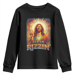 Funny Christian Easter He Is Rizzin Youth Sweatshirt Trendy Jesus Humor with Sunglasses Faith Based Meme Gift TS02 Black Print Your Wear