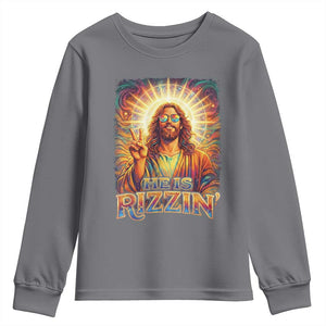 Funny Christian Easter He Is Rizzin Youth Sweatshirt Trendy Jesus Humor with Sunglasses Faith Based Meme Gift TS02 Charcoal Print Your Wear