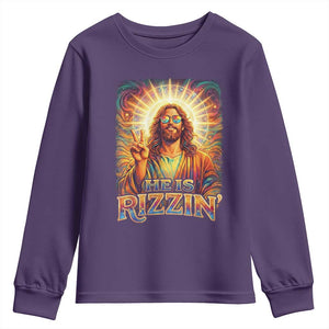 Funny Christian Easter He Is Rizzin Youth Sweatshirt Trendy Jesus Humor with Sunglasses Faith Based Meme Gift TS02 Purple Print Your Wear