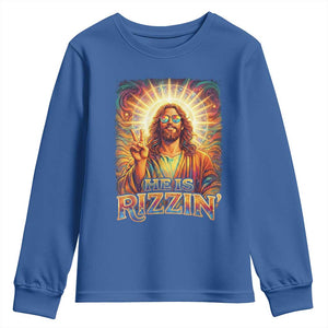Funny Christian Easter He Is Rizzin Youth Sweatshirt Trendy Jesus Humor with Sunglasses Faith Based Meme Gift TS02 Royal Blue Print Your Wear