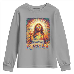 Funny Christian Easter He Is Rizzin Youth Sweatshirt Trendy Jesus Humor with Sunglasses Faith Based Meme Gift TS02 Sport Gray Print Your Wear