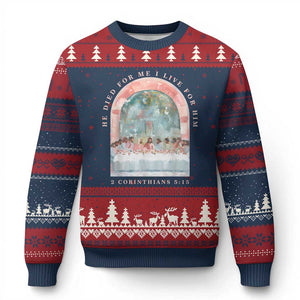 Christian Faith Last Supper Scripture Ugly Christmas Sweater He Died for Me So I Live for Him Corinthians 5:15 Inspiration TS02 Navy Red Print Your Wear