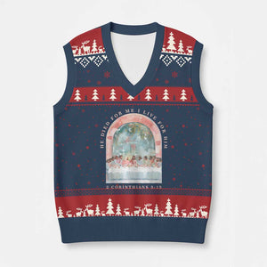 Christian Faith Last Supper Scripture V-Neck Knit Sweater Vest He Died for Me So I Live for Him Corinthians 5:15 Inspiration TS02 Navy Red Print Your Wear