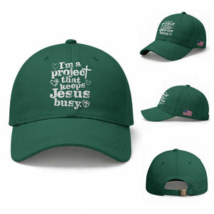 I am a Project That Keeps Jesus Busy Funny Christian Typography Baseball Cap Faith Humor Inspirational Gift