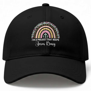 I am a Project That Keeps Jesus Busy Rainbow Cross Baseball Cap Cute Christian Faith Humor