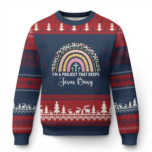 I am a Project That Keeps Jesus Busy Rainbow Cross Ugly Christmas Sweater Cute Christian Faith Humor TS02 Navy Red Print Your Wear