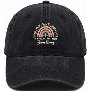 I am a Project That Keeps Jesus Busy Rainbow Cross Washed Cotton Baseball Cap Cute Christian Faith Humor