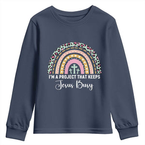 I am a Project That Keeps Jesus Busy Rainbow Cross Youth Sweatshirt Cute Christian Faith Humor TS02 Navy Print Your Wear