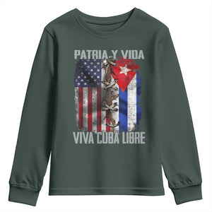 Patria y Vida Cuba Libre Freedom Youth Sweatshirt Cuban Pride Independence USA Cuba Flag TS02 Dark Forest Green Print Your Wear
