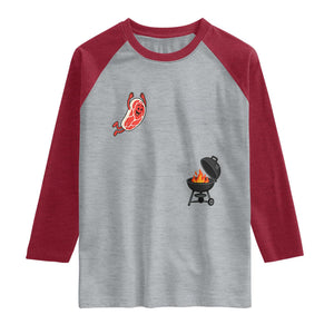 Humorous Diving Steak Charcoal Grill Graphic Raglan Shirt BBQ Grilling Pitmaster Cookout Funny Barbecue Master TS02 Heather Gray Heather Red Print Your Wear