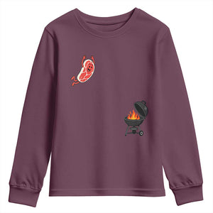 Humorous Diving Steak Charcoal Grill Graphic Youth Sweatshirt BBQ Grilling Pitmaster Cookout Funny Barbecue Master
