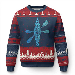 Polynesian Tribal Kayak Graphic Ugly Christmas Sweater Maori Pattern Water Sports Cyan Gradient Paddling TS02 Navy Red Print Your Wear
