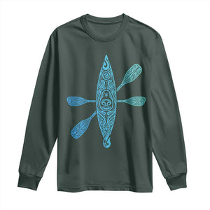Polynesian Tribal Kayak Graphic Long Sleeve Shirt Maori Pattern Water Sports Cyan Gradient Paddling TS02 Dark Forest Green Print Your Wear