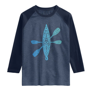Polynesian Tribal Kayak Graphic Raglan Shirt Maori Pattern Water Sports Cyan Gradient Paddling TS02 Heather Denim Navy Print Your Wear