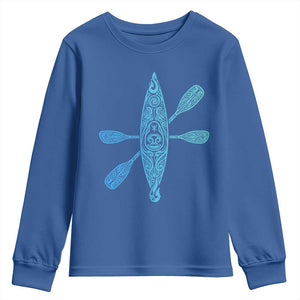 Polynesian Tribal Kayak Graphic Youth Sweatshirt Maori Pattern Water Sports Cyan Gradient Paddling