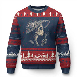 Vintage Dia de los Muertos Catrina Portrait Graphic Ugly Christmas Sweater Gothic Sugar Skull Woman Blowing Dandelion TS02 Navy Red Print Your Wear