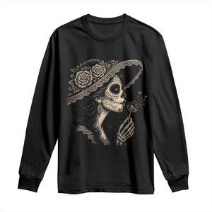 Vintage Dia de los Muertos Catrina Portrait Graphic Long Sleeve Shirt Gothic Sugar Skull Woman Blowing Dandelion TS02 Black Print Your Wear
