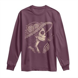 Vintage Dia de los Muertos Catrina Portrait Graphic Long Sleeve Shirt Gothic Sugar Skull Woman Blowing Dandelion TS02 Maroon Print Your Wear