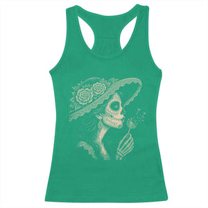 Vintage Dia de los Muertos Catrina Portrait Graphic Racerback Tank Top Gothic Sugar Skull Woman Blowing Dandelion