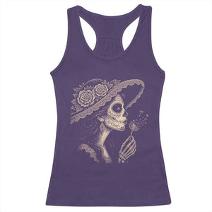 Vintage Dia de los Muertos Catrina Portrait Graphic Racerback Tank Top Gothic Sugar Skull Woman Blowing Dandelion