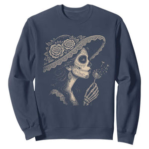Vintage Dia de los Muertos Catrina Portrait Graphic Sweatshirt Gothic Sugar Skull Woman Blowing Dandelion TS02 Navy Print Your Wear
