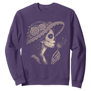 Vintage Dia de los Muertos Catrina Portrait Graphic Sweatshirt Gothic Sugar Skull Woman Blowing Dandelion TS02 Purple Print Your Wear