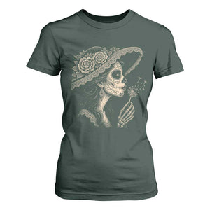 Vintage Dia de los Muertos Catrina Portrait Graphic T Shirt For Women Gothic Sugar Skull Woman Blowing Dandelion TS02 Dark Forest Green Print Your Wear