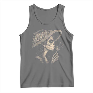 Vintage Dia de los Muertos Catrina Portrait Graphic Tank Top Gothic Sugar Skull Woman Blowing Dandelion TS02 Black Heather Print Your Wear