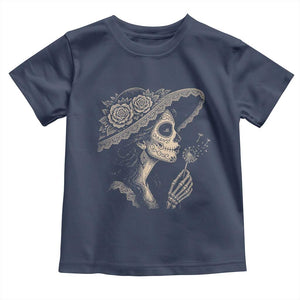 Vintage Dia de los Muertos Catrina Portrait Graphic Toddler T Shirt Gothic Sugar Skull Woman Blowing Dandelion TS02 Navy Print Your Wear