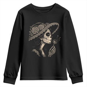 Vintage Dia de los Muertos Catrina Portrait Graphic Youth Sweatshirt Gothic Sugar Skull Woman Blowing Dandelion TS02 Black Print Your Wear