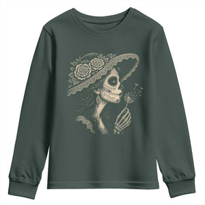Vintage Dia de los Muertos Catrina Portrait Graphic Youth Sweatshirt Gothic Sugar Skull Woman Blowing Dandelion TS02 Dark Forest Green Print Your Wear