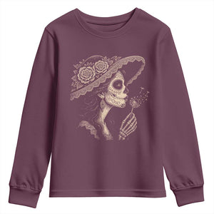 Vintage Dia de los Muertos Catrina Portrait Graphic Youth Sweatshirt Gothic Sugar Skull Woman Blowing Dandelion TS02 Maroon Print Your Wear