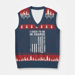 Patriotic American Flag Grandfather Pride V-Neck Knit Sweater Vest I Used To Be In Charge Granddaughter Funny Grandpas Girls Distressed USA Style