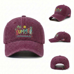 Summer Remembering My Why Washed Cotton Baseball Cap Cute Tropical Beach Palm Tree Surfboard Teacher Graphic TS02 Washed Cap Universal Fit Burgundy Print Your Wear