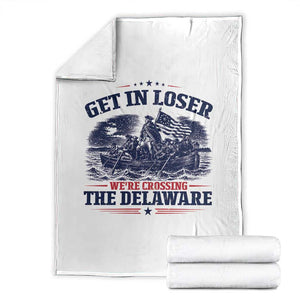 Get In Loser We're Crossing The Delaware Retro Throw Blanket Distressed George Washington Boat Scene Patriotic American Revolution Humor TS02 White Print Your Wear