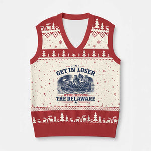 Get In Loser We're Crossing The Delaware Retro V-Neck Knit Sweater Vest Distressed George Washington Boat Scene Patriotic American Revolution Humor TS02 Beige Red Print Your Wear